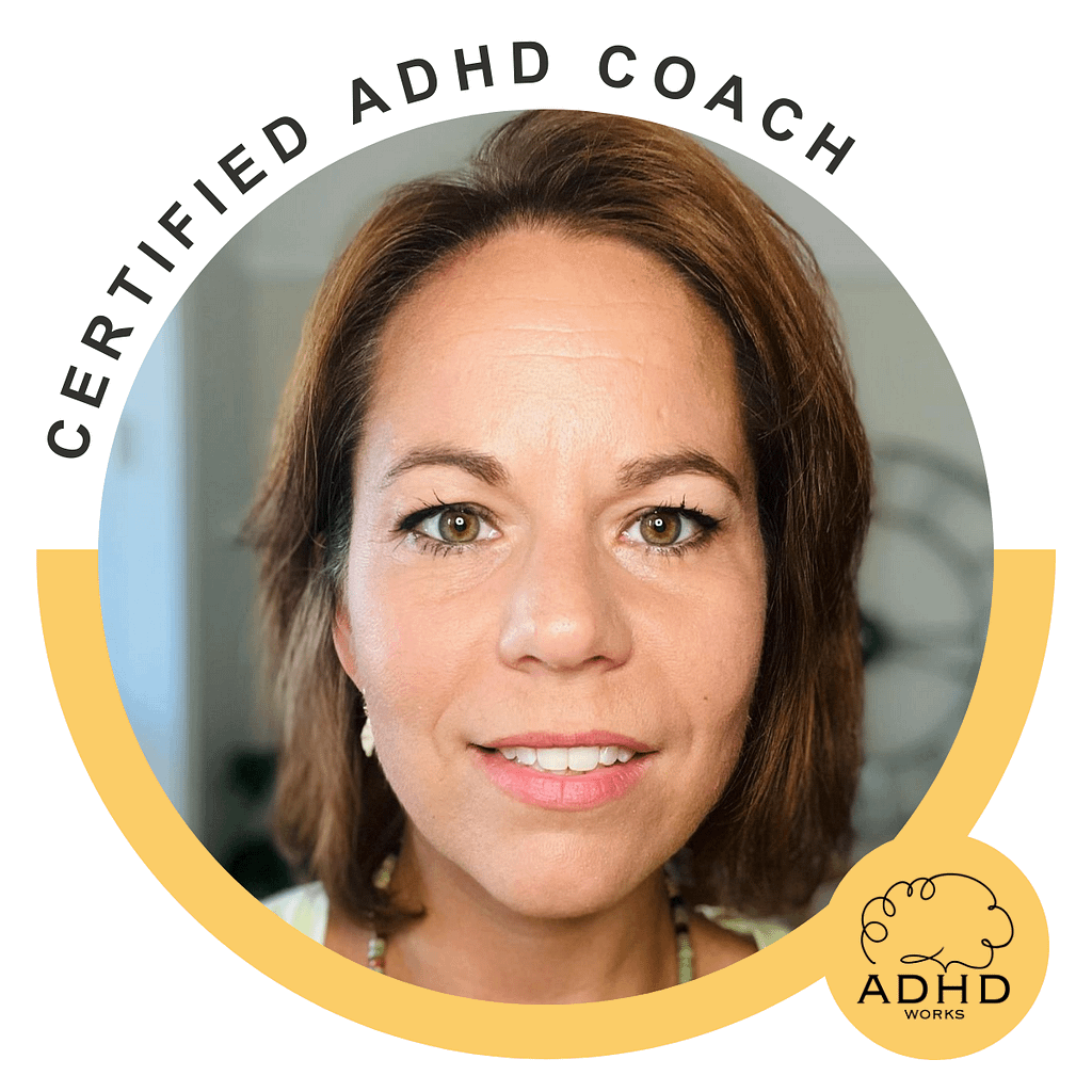 Headshot of Donna Harman, ADHD Coach, with a yellow ring around the frame to signify ADHD Works accreditation