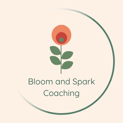 Circular logo for Bloom and Spark Coaching. Single flower graphic in rose, green and maroon.